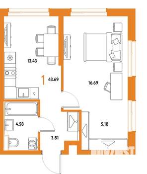 1-к квартира, строящийся дом, 44м2, 16/25 этаж