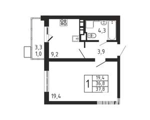 1-к квартира, строящийся дом, 38м2, 4/9 этаж