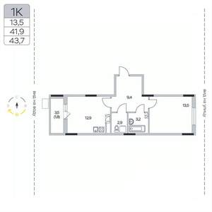 1-к квартира, вторичка, 44м2, 4/9 этаж