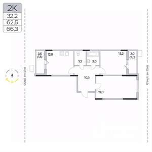 2-к квартира, вторичка, 66м2, 4/9 этаж