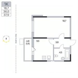 1-к квартира, вторичка, 38м2, 4/9 этаж