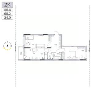 2-к квартира, строящийся дом, 65м2, 5/9 этаж