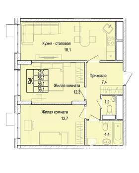 2-к квартира, строящийся дом, 57м2, 2/25 этаж