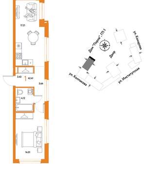 1-к квартира, вторичка, 42м2, 7/6 этаж