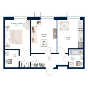 2-к квартира, строящийся дом, 58м2, 8/21 этаж
