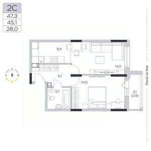 1-к квартира, строящийся дом, 45м2, 7/9 этаж