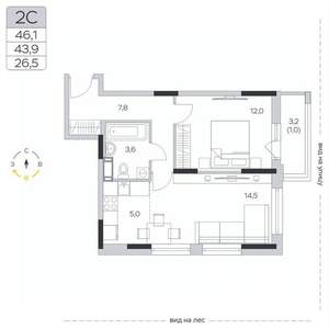 1-к квартира, вторичка, 44м2, 7/9 этаж