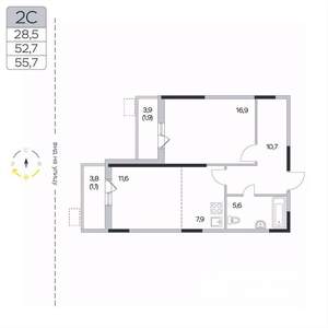 2-к квартира, вторичка, 56м2, 2/9 этаж