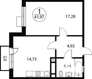 1-к квартира, вторичка, 42м2, 4/4 этаж