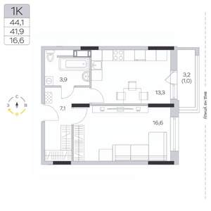 1-к квартира, строящийся дом, 42м2, 9/9 этаж