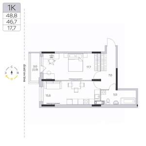 1-к квартира, строящийся дом, 47м2, 9/9 этаж