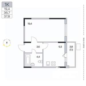 1-к квартира, вторичка, 38м2, 8/9 этаж