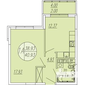 1-к квартира, строящийся дом, 41м2, 4/4 этаж