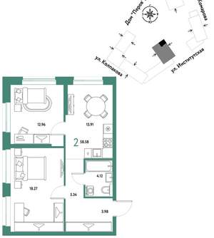 2-к квартира, вторичка, 59м2, 18/6 этаж