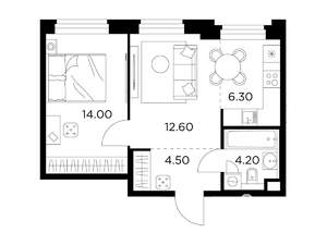 2-к квартира, строящийся дом, 42м2, 19/20 этаж