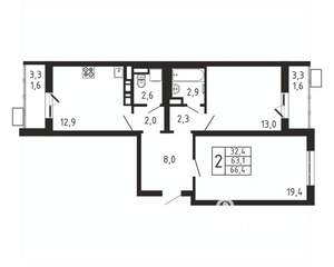 2-к квартира, вторичка, 66м2, 8/9 этаж