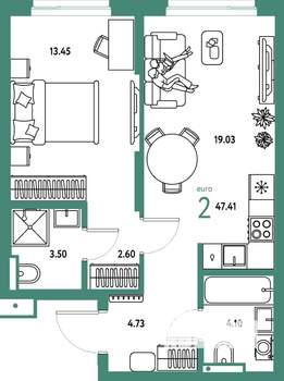 2-к квартира, строящийся дом, 47м2, 10/25 этаж
