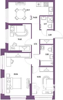 3-к квартира, строящийся дом, 74м2, 5/25 этаж
