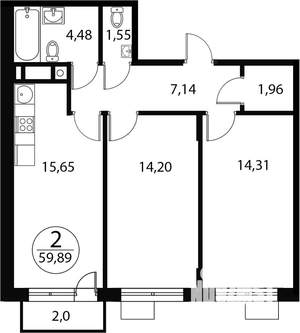 2-к квартира, строящийся дом, 60м2, 3/4 этаж
