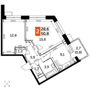 2-к квартира, строящийся дом, 52м2, 6/22 этаж