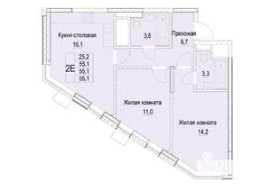 2-к квартира, строящийся дом, 55м2, 13/23 этаж