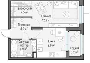 1-к квартира, строящийся дом, 37м2, 8/18 этаж