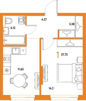 1-к квартира, строящийся дом, 38м2, 10/25 этаж