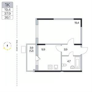 1-к квартира, вторичка, 39м2, 4/9 этаж