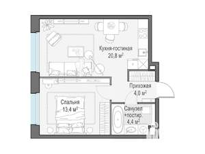 1-к квартира, строящийся дом, 42м2, 17/17 этаж