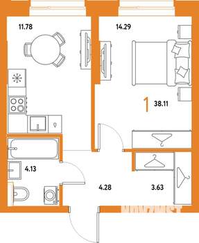 1-к квартира, строящийся дом, 38м2, 3/25 этаж