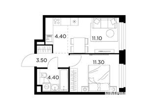 2-к квартира, строящийся дом, 35м2, 18/23 этаж