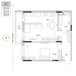 2-к квартира, строящийся дом, 63м2, 7/9 этаж