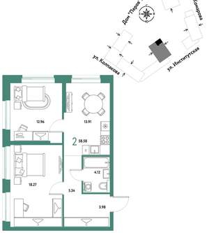 2-к квартира, вторичка, 59м2, 14/6 этаж