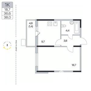 1-к квартира, вторичка, 38м2, 2/9 этаж