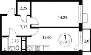 1-к квартира, строящийся дом, 43м2, 4/4 этаж