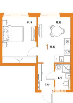 1-к квартира, строящийся дом, 35м2, 19/25 этаж