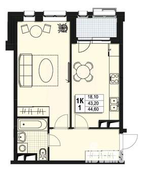 1-к квартира, строящийся дом, 43м2, 9/10 этаж
