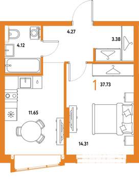 1-к квартира, строящийся дом, 38м2, 3/25 этаж