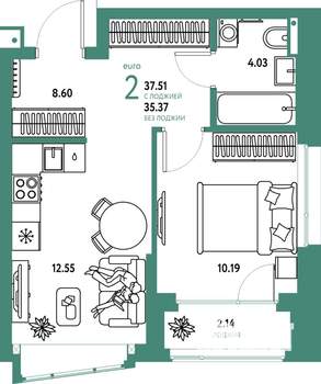 2-к квартира, строящийся дом, 38м2, 13/25 этаж