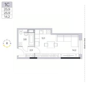 Студия квартира, строящийся дом, 26м2, 6/9 этаж