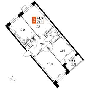 3-к квартира, строящийся дом, 71м2, 8/22 этаж