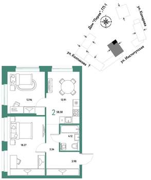 2-к квартира, вторичка, 59м2, 18/25 этаж