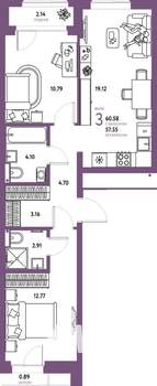 3-к квартира, строящийся дом, 61м2, 13/25 этаж