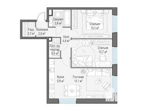 2-к квартира, строящийся дом, 65м2, 21/23 этаж