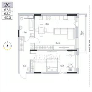 2-к квартира, вторичка, 64м2, 4/9 этаж