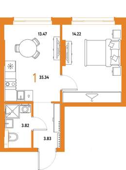 1-к квартира, строящийся дом, 35м2, 4/25 этаж