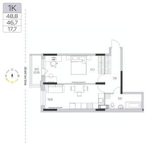 1-к квартира, строящийся дом, 47м2, 8/9 этаж
