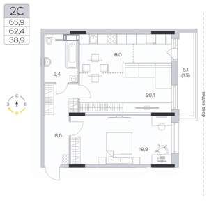 2-к квартира, строящийся дом, 62м2, 9/9 этаж