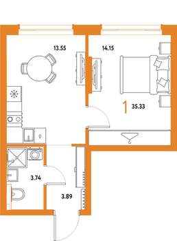 1-к квартира, строящийся дом, 35м2, 14/25 этаж