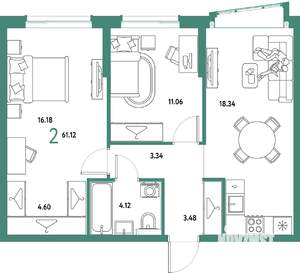 2-к квартира, строящийся дом, 61м2, 7/25 этаж